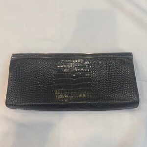 Ann Taylor 90s Y2K Black Croc-Embossed Leather Frame Clutch
